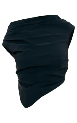 Plus Black Bengaline Ruched Asymmetric Long Top