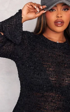 Plus Black Bobble Glitter Knit Long Sleeve Mini Dress