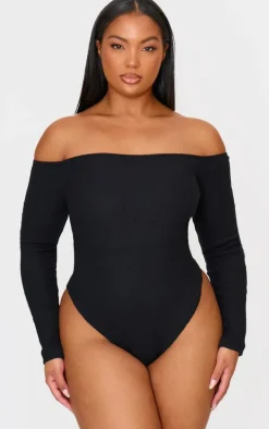 Plus Black Brushed Rib Bardot Long Sleeve Bodysuit
