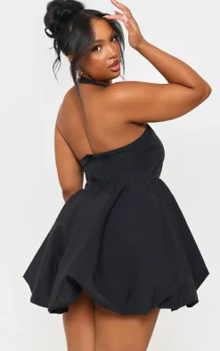 Plus Black Buckle Detail Halterneck Puffball Mini Dress