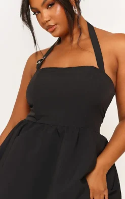 Plus Black Buckle Detail Halterneck Puffball Mini Dress
