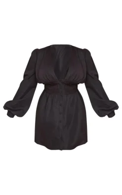 Plus Black Button Front Fitted Puff Sleeve Skater Dress