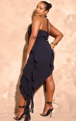Plus Black Chiffon Frill Detail Plunge Midaxi Dress