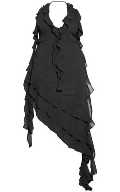 Plus Black Chiffon Frill Detail Plunge Midaxi Dress