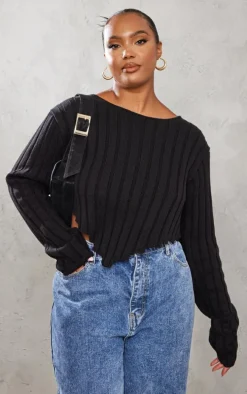 Plus Black Chunky Knit Long Sleeve Dip Hem Crop Top
