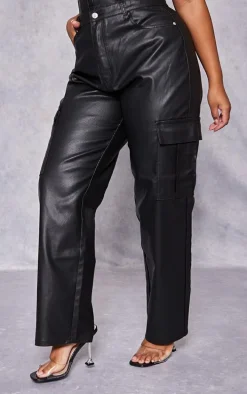Plus Black Coated Denim Cargo Jeans