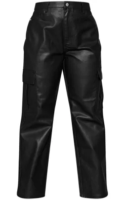 Plus Black Coated Denim Cargo Jeans