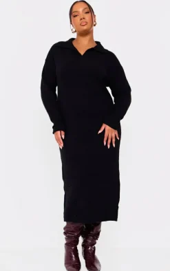 Plus Black Collar Detail Cosy Knitted Midaxi Dress