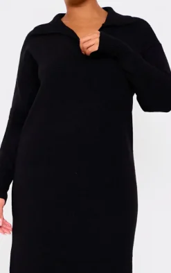 Plus Black Collar Detail Cosy Knitted Midaxi Dress