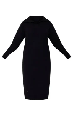 Plus Black Collar Detail Cosy Knitted Midaxi Dress