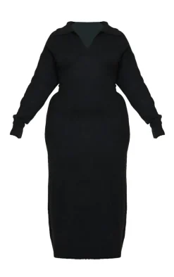 Plus Black Collar Detail Cosy Knitted Midaxi Dress