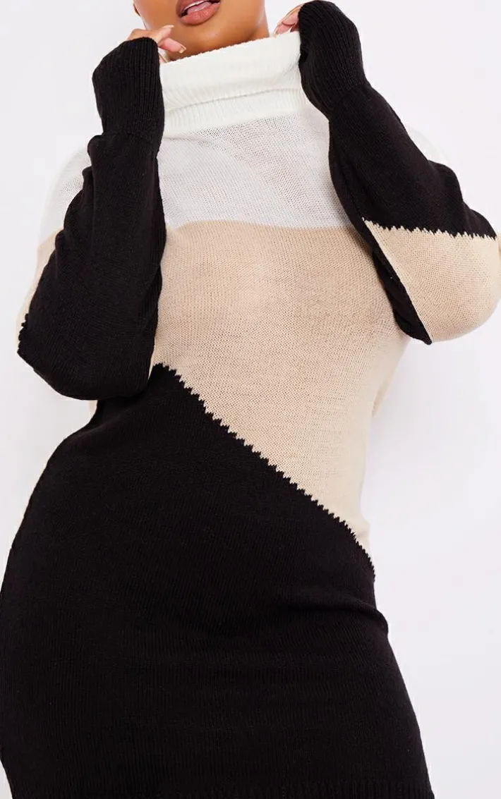 Plus Black Color Block Knitted Midi Dress