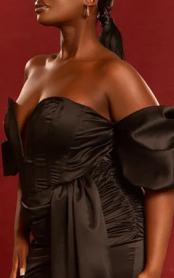 Plus Black Constructed Satin Puff Sleeve Drape Mini Dress