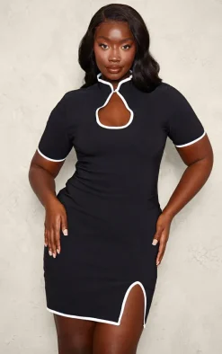 Plus Black Contrast Binding High Cut Out Neck Detail Bodycon Dress