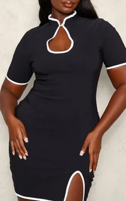 Plus Black Contrast Binding High Cut Out Neck Detail Bodycon Dress