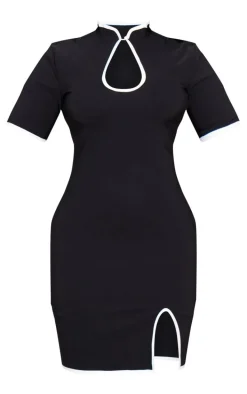 Plus Black Contrast Binding High Cut Out Neck Detail Bodycon Dress