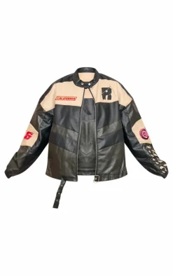 Plus Black Contrast Panel Oversized Faux Leather Motocross Jacket