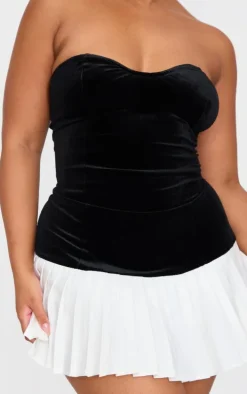 Plus Black Contrast Pleated Velour Bandeau Mini Dress