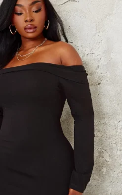Plus Black Cotton Fold Over Bardot Mini Dress