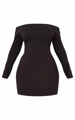 Plus Black Cotton Fold Over Bardot Mini Dress