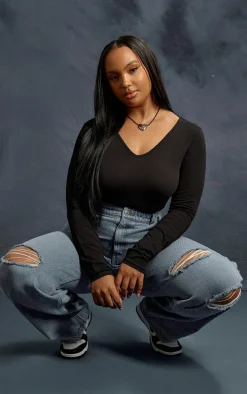 Plus Black Cotton V Neck Long Sleeve Bodysuit