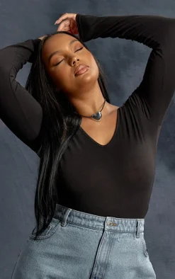 Plus Black Cotton V Neck Long Sleeve Bodysuit