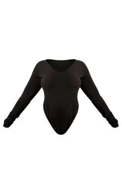 Plus Black Cotton V Neck Long Sleeve Bodysuit