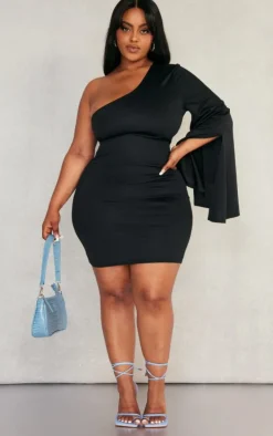 Plus Black Crepe One Shoulder Bodycon Dress
