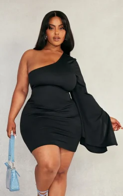 Plus Black Crepe One Shoulder Bodycon Dress