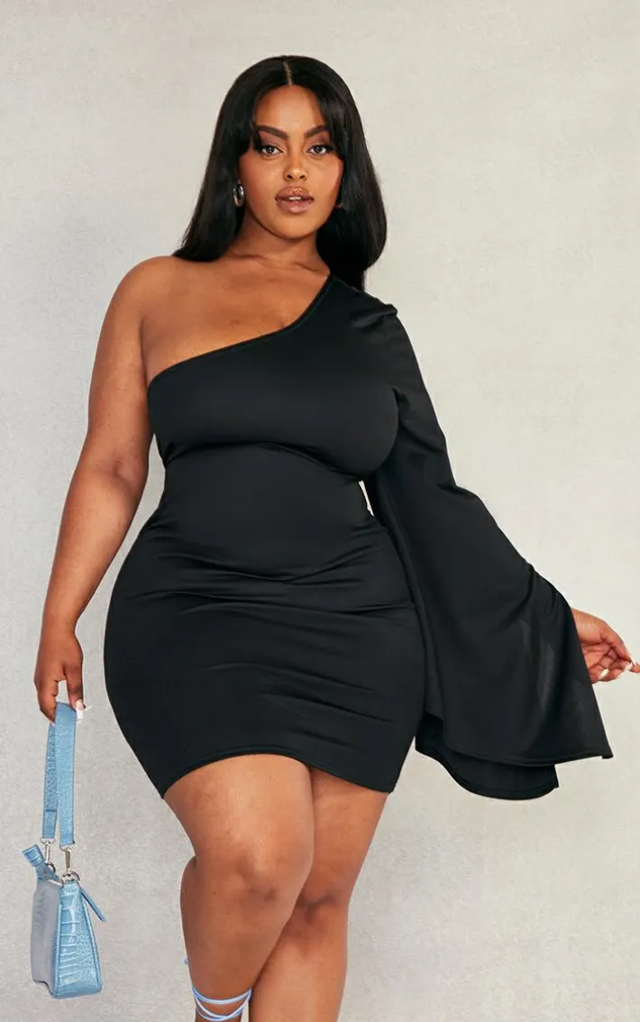 Plus Black Crepe One Shoulder Bodycon Dress