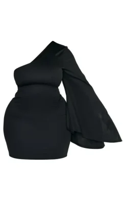 Plus Black Crepe One Shoulder Bodycon Dress