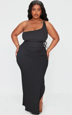 Plus Black Crinkle One Shoulder Maxi Dress