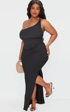 Plus Black Crinkle One Shoulder Maxi Dress