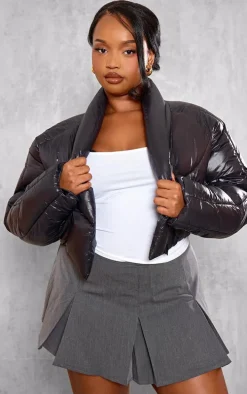 Plus Black Cropped Oversized Collar Detail Puffer Jacket