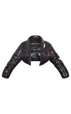 Plus Black Cropped Oversized Collar Detail Puffer Jacket