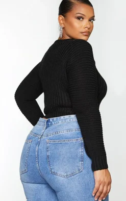 Plus Black Cropped Rib Knit Sweater