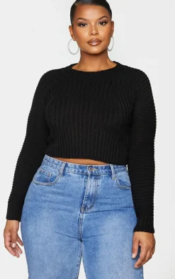 Plus Black Cropped Rib Knit Sweater