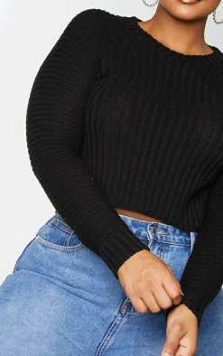 Plus Black Cropped Rib Knit Sweater