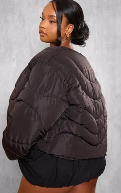 Plus Black Cropped Round Neck Puffer Jacket