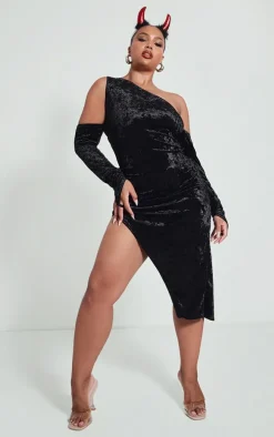 Plus Black Crushed Velvet Asymmetric Midi Dress