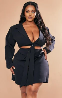 Plus Black Cut Out Knot Front Blazer Dress