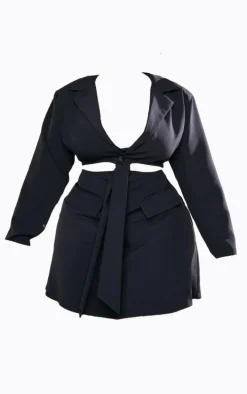 Plus Black Cut Out Knot Front Blazer Dress
