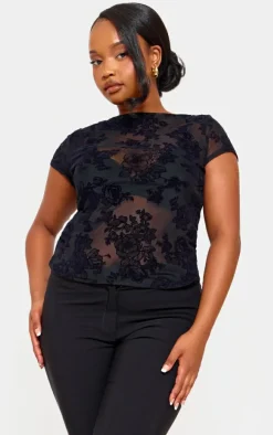 Plus Black Devore Longline Fitted T Shirt