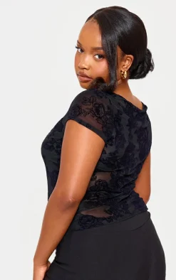 Plus Black Devore Longline Fitted T Shirt