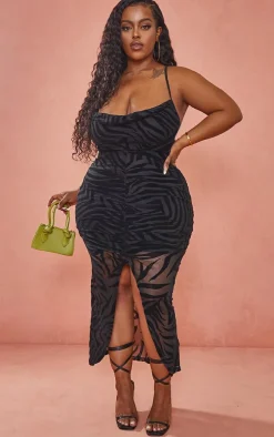 Plus Black Devore Ruched Cowl Neck Midi Dress