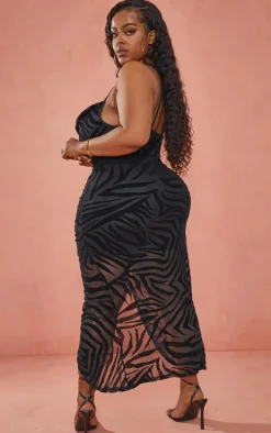 Plus Black Devore Ruched Cowl Neck Midi Dress