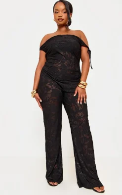 Plus Black Devore Shoulder Tie Jumpsuit