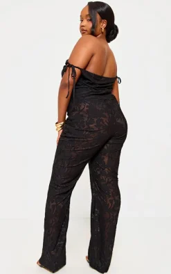 Plus Black Devore Shoulder Tie Jumpsuit