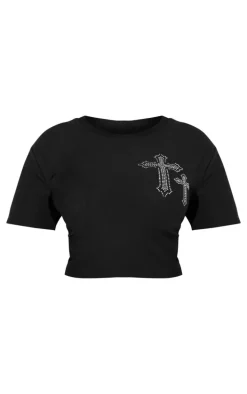 Plus Black Diamante Cross Cropped T-shirt