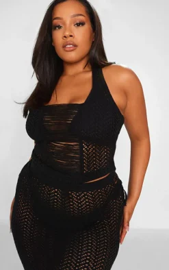 Plus Black Distressed Knit Halter Neck Crop Top